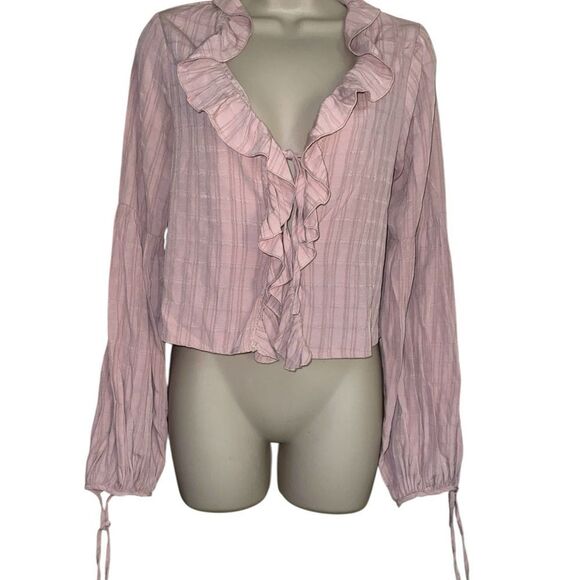 HYFVE NWOT Light Pink Ruffle Blouse tie Sleeves Super soft Cute pink rose Sz S - Picture 1 of 5